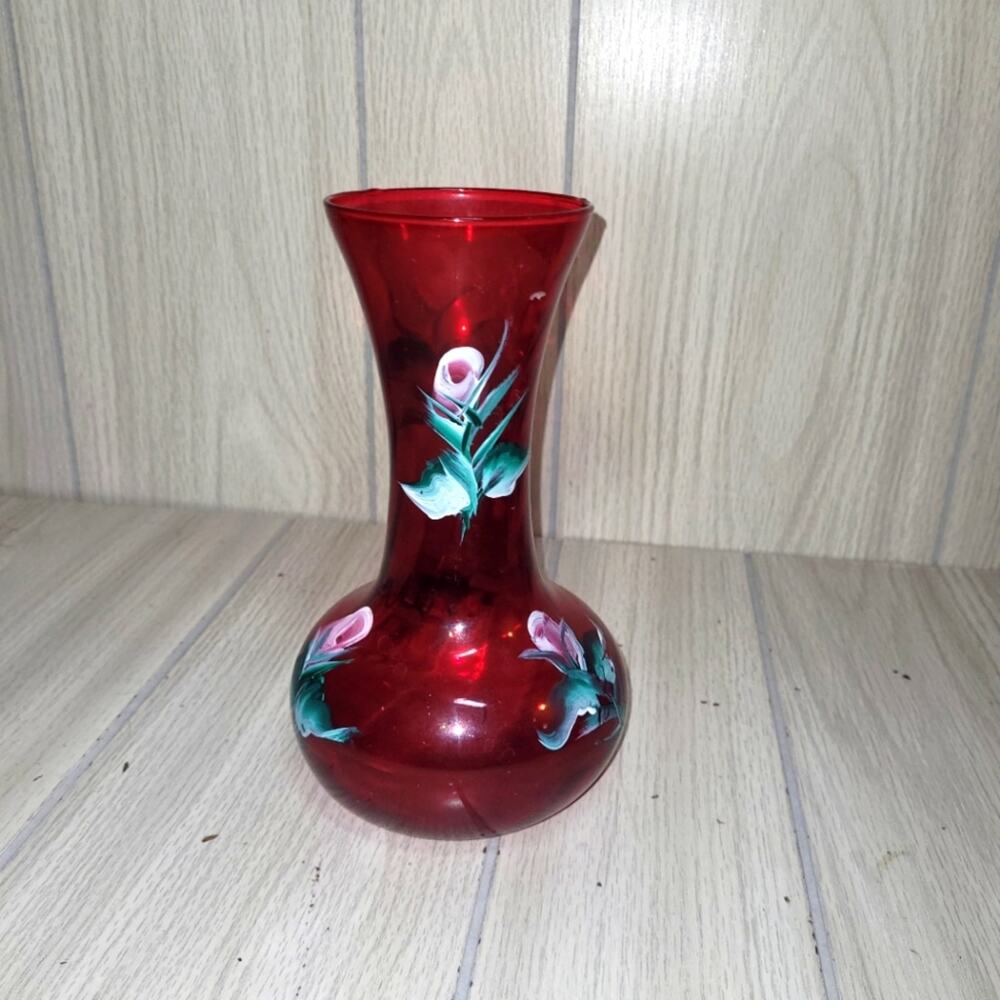Vintage Elegant Hand Painted Red Glass Vase with Floral Design Fenton?